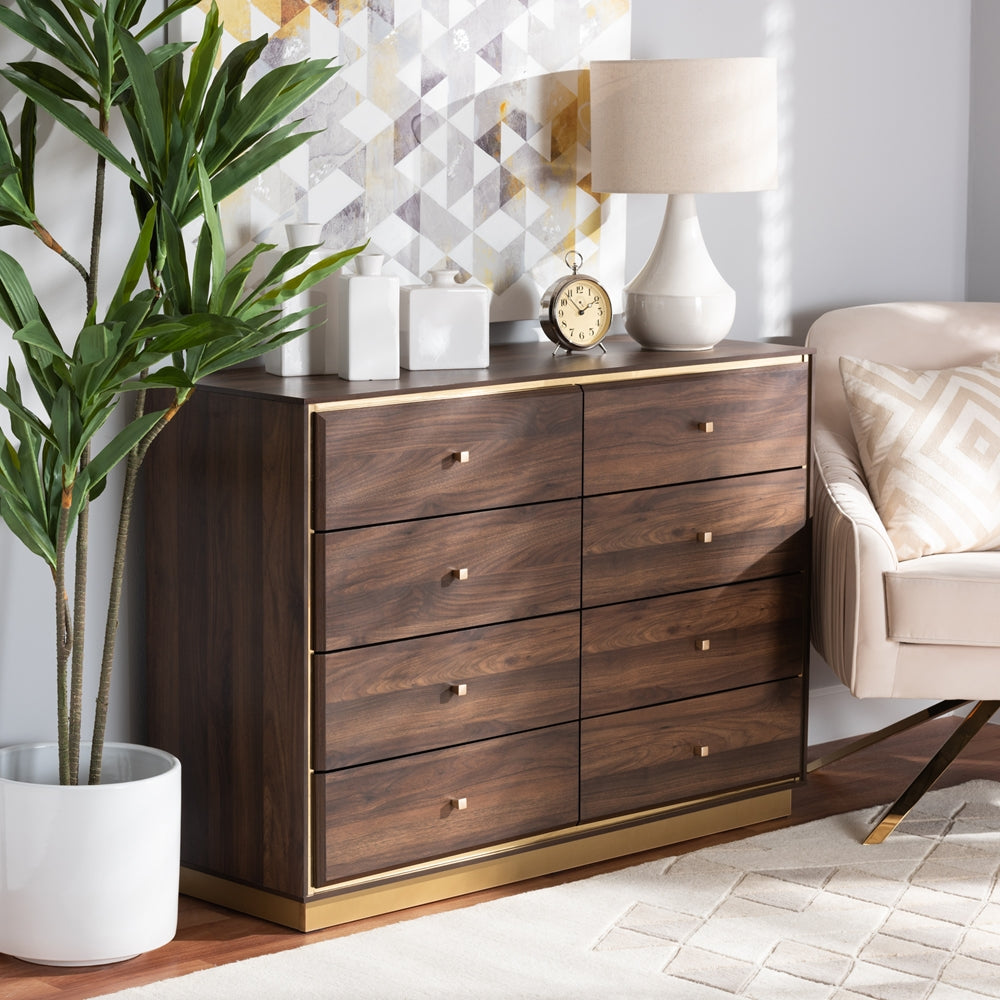 Baxton Studio Cormac Modern And Contemporary Walnut Brown Finished Wood And Gold Metal 8-Drawer Dresser