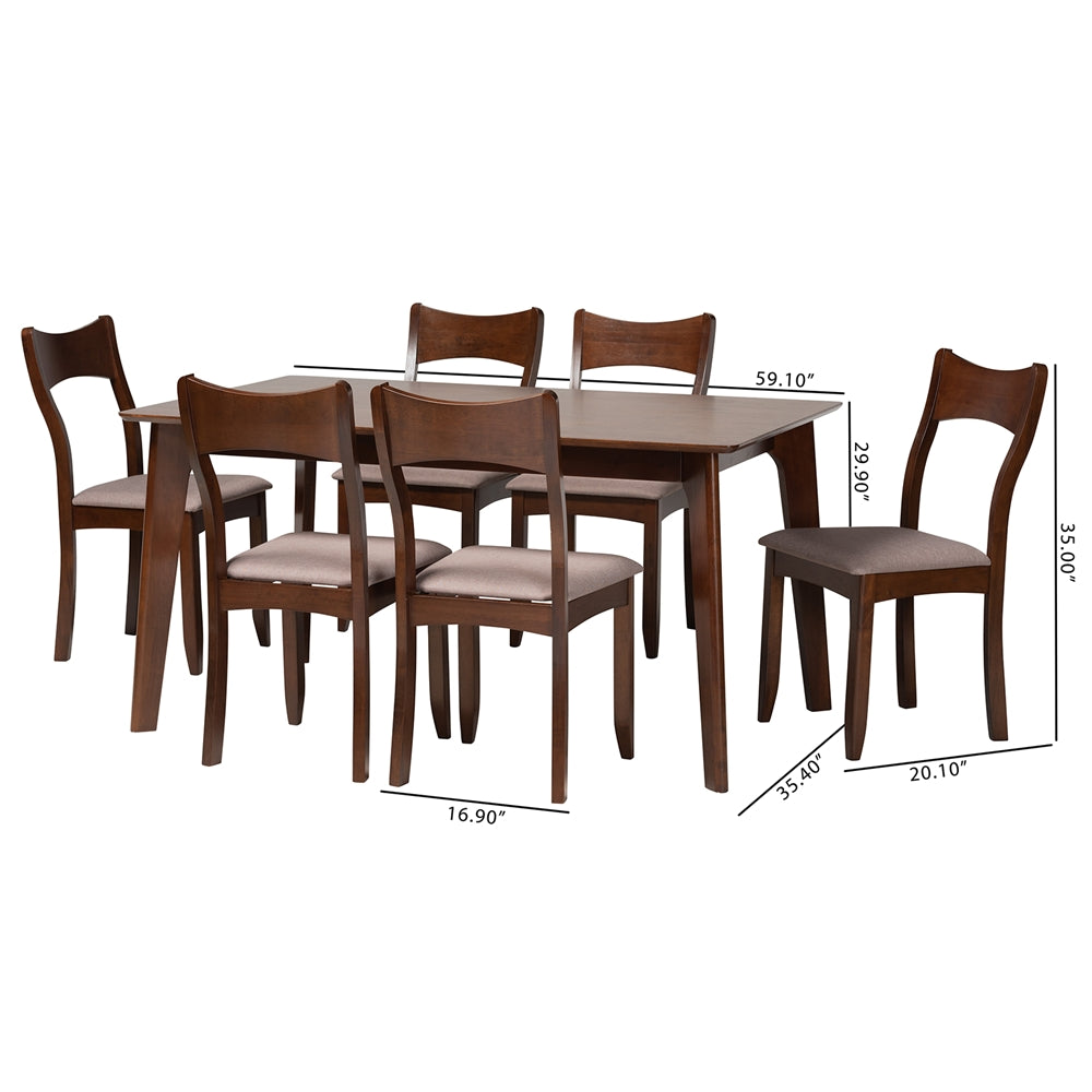 Baxton Studio Adreana Mid-Century Modern Warm Grey Fabric And Dark Brown Finished Wood 7-Piece Dining Set