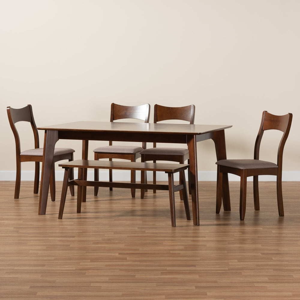 Baxton Studio Adreana Mid-Century Modern Warm Grey Fabric And Dark Brown Finished Wood 6-Piece Dining Set