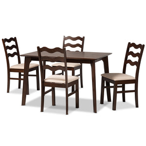 Baxton Studio Amara Mid-Century Modern Cream Fabric And Dark Brown Finished Wood 5-Piece Dining Set