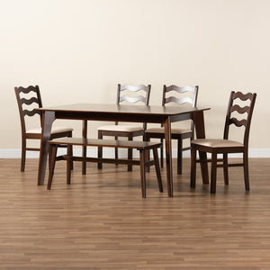 Baxton Studio Amara Mid-Century Modern Cream Fabric And Dark Brown Finished Wood 6-Piece Dining Set