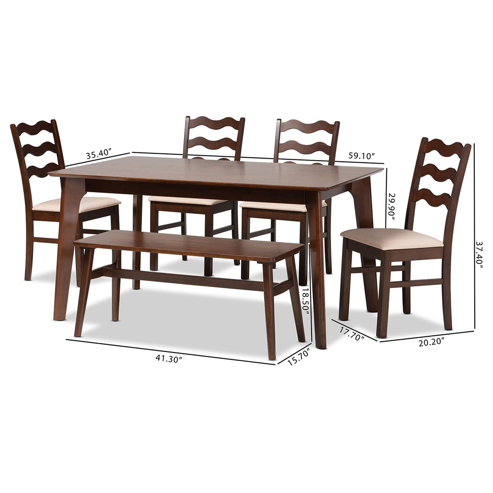 Baxton Studio Amara Mid-Century Modern Cream Fabric And Dark Brown Finished Wood 6-Piece Dining Set