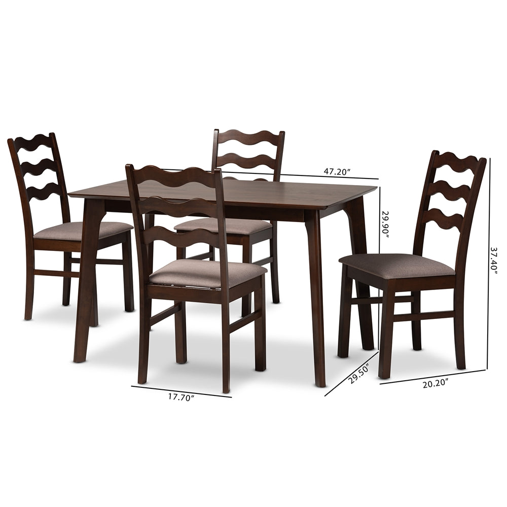 Baxton Studio Amara Mid-Century Modern Warm Grey Fabric And Dark Brown Finished Wood 5-Piece Dining Set