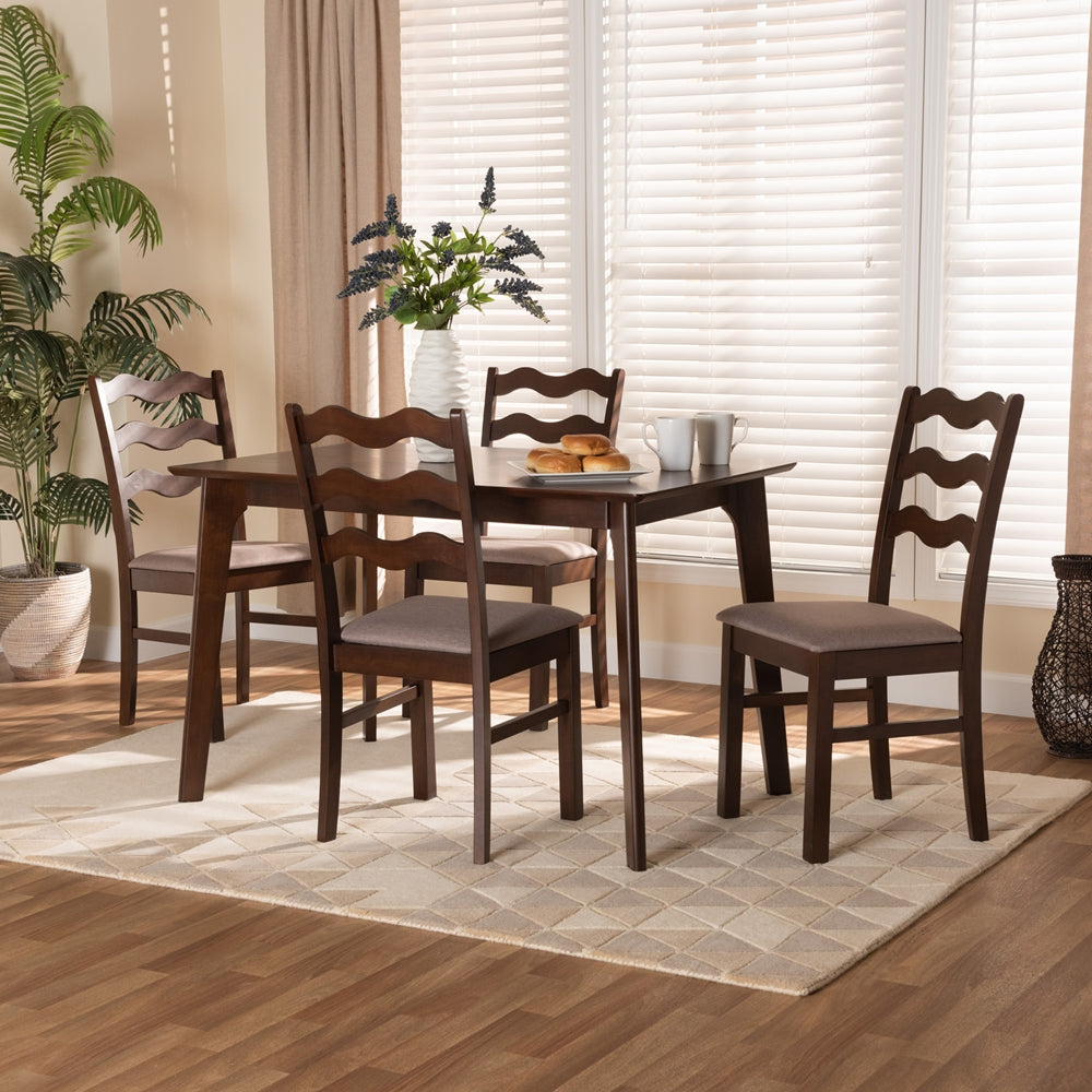 Baxton Studio Amara Mid-Century Modern Warm Grey Fabric And Dark Brown Finished Wood 5-Piece Dining Set