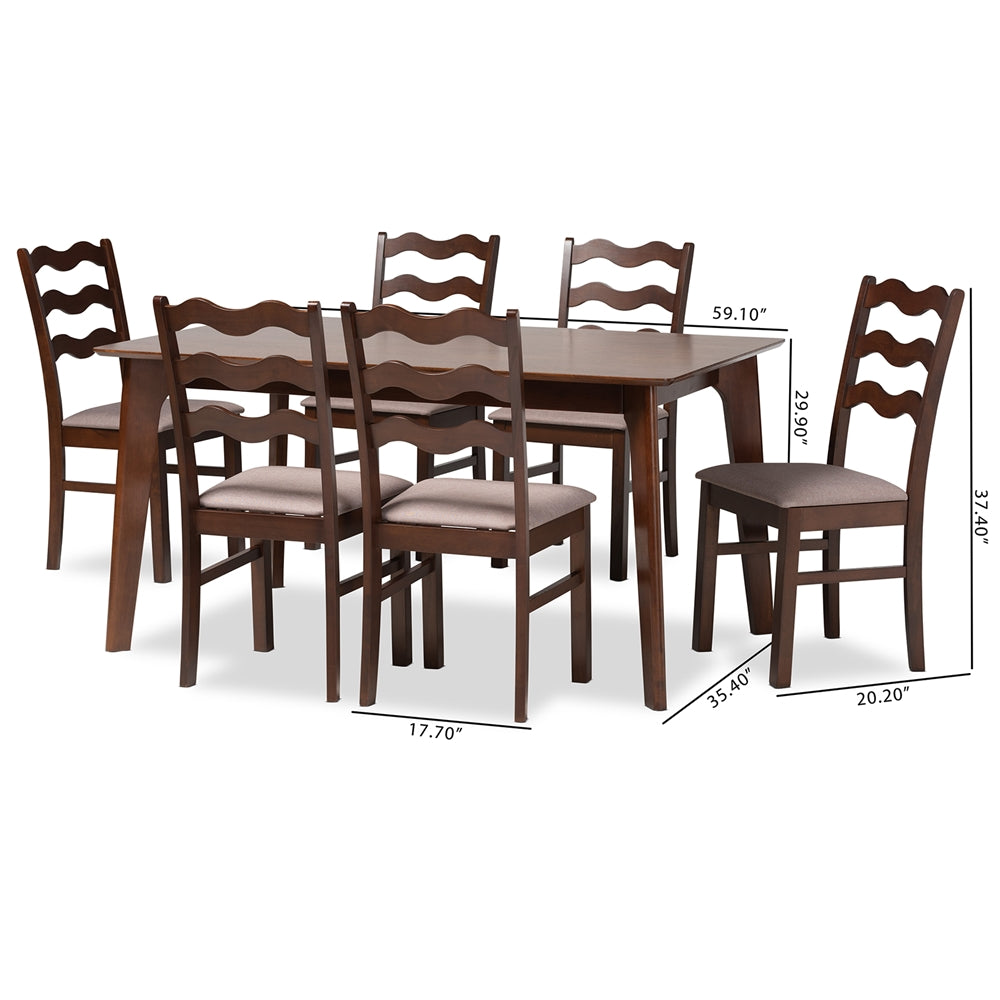 Baxton Studio Amara Mid-Century Modern Warm Grey Fabric And Dark Brown Finished Wood 7-Piece Dining Set