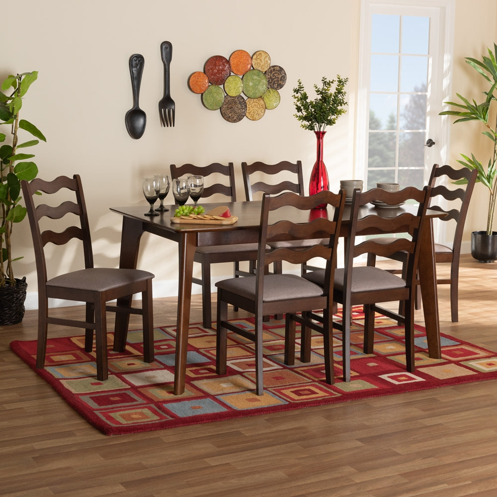 Baxton Studio Amara Mid-Century Modern Warm Grey Fabric And Dark Brown Finished Wood 7-Piece Dining Set