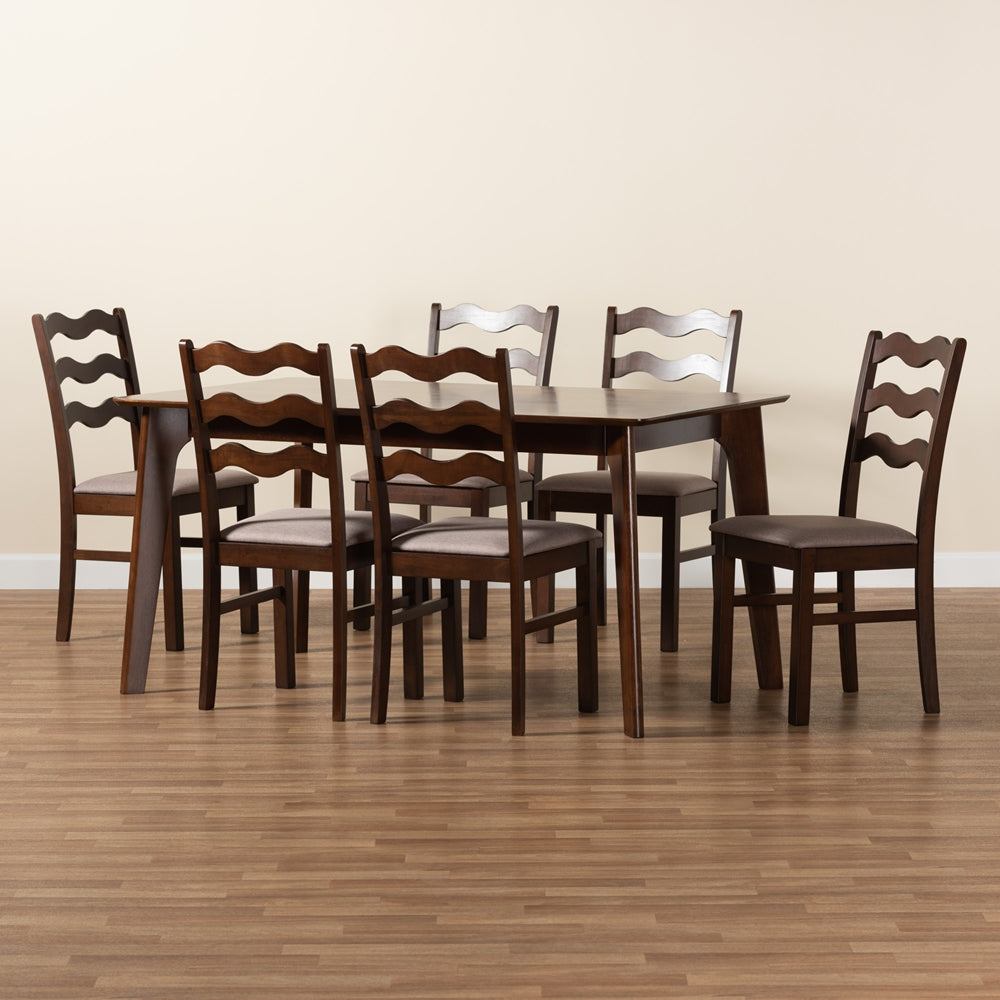 Baxton Studio Amara Mid-Century Modern Warm Grey Fabric And Dark Brown Finished Wood 7-Piece Dining Set