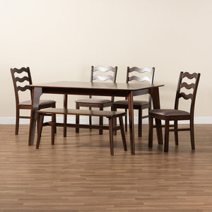 Baxton Studio Amara Mid-Century Modern Warm Grey Fabric And Dark Brown Finished Wood 6-Piece Dining Set