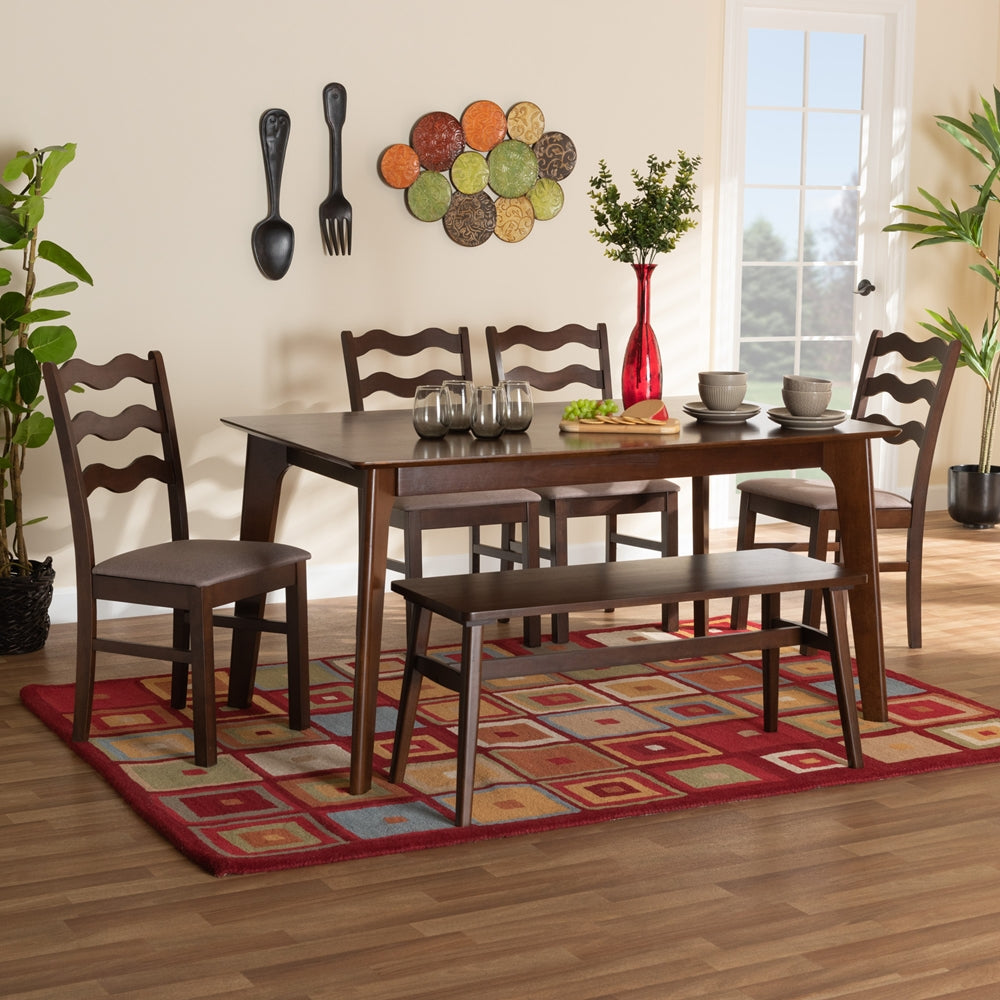 Baxton Studio Amara Mid-Century Modern Warm Grey Fabric And Dark Brown Finished Wood 6-Piece Dining Set