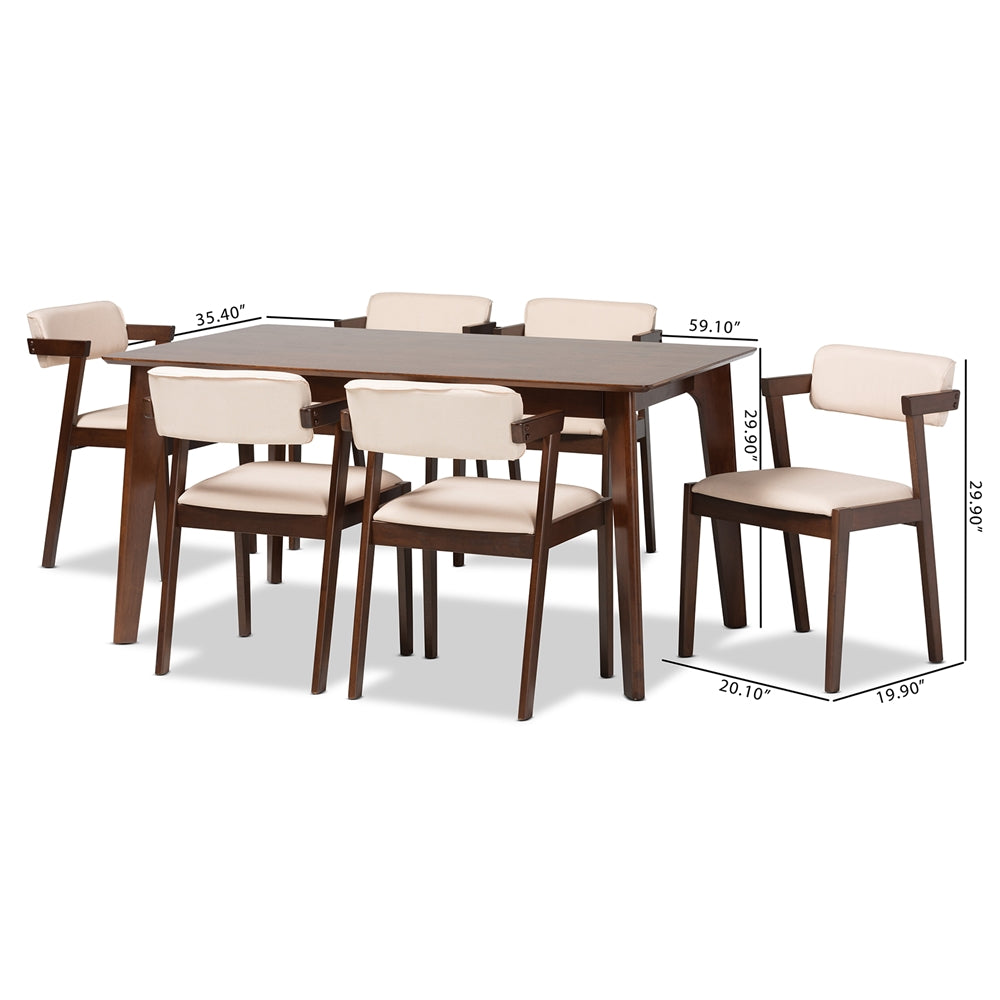 Baxton Studio Althea Mid-Century Modern Transitional Cream Fabric And Dark Brown Finished Wood 7-Piece Dining Set