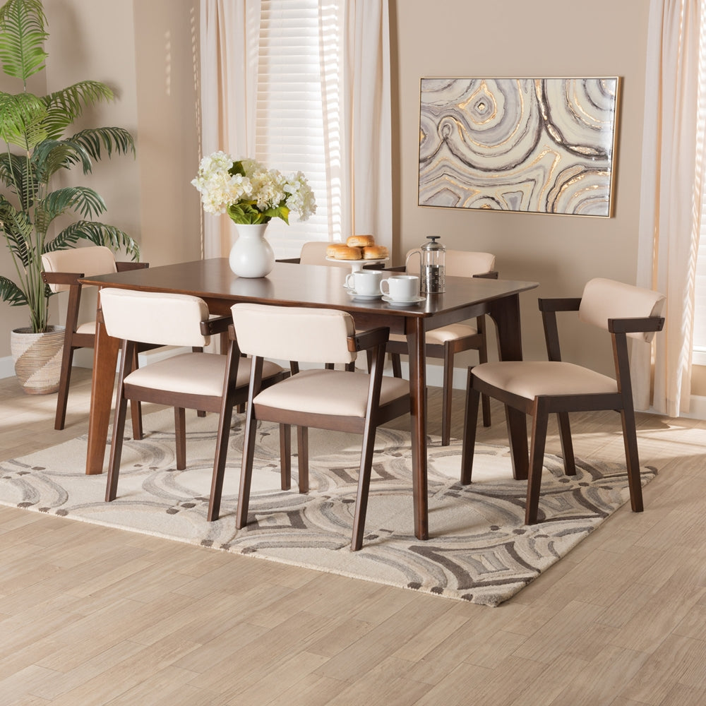 Baxton Studio Althea Mid-Century Modern Transitional Cream Fabric And Dark Brown Finished Wood 7-Piece Dining Set