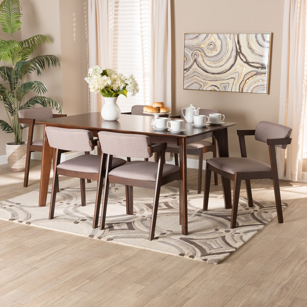 Baxton Studio Althea Mid-Century Modern Transitional Warm Grey Fabric And Dark Brown Finished Wood 7-Piece Dining Set