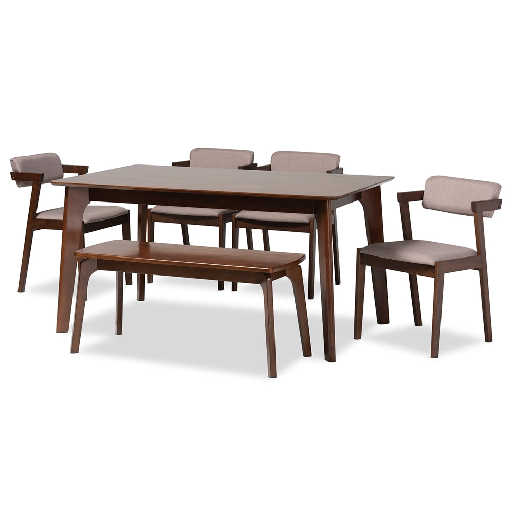 Baxton Studio Althea Mid-Century Modern Transitional Warm Grey Fabric And Dark Brown Finished Wood 6-Piece Dining Set