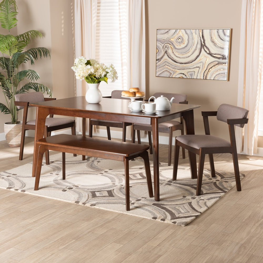 Baxton Studio Althea Mid-Century Modern Transitional Warm Grey Fabric And Dark Brown Finished Wood 6-Piece Dining Set