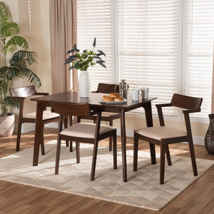 Baxton Studio Berenice Mid-Century Modern Transitional Cream Fabric And Dark Brown Finished Wood 5-Piece Dining Set