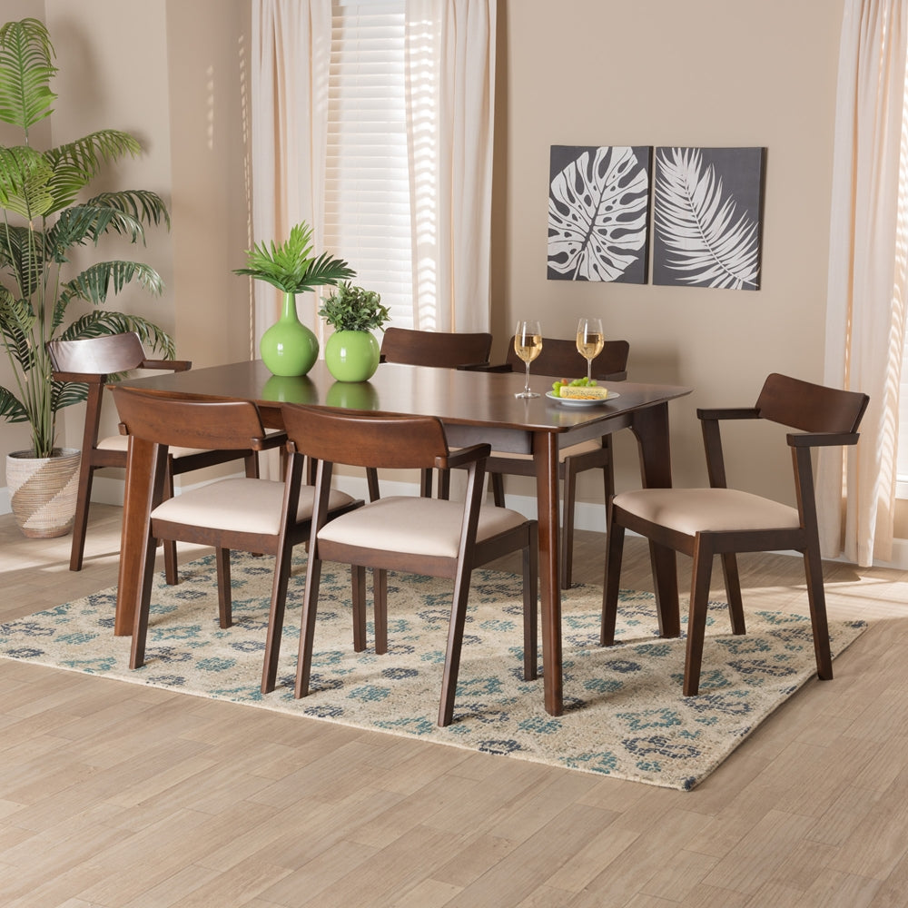 Baxton Studio Berenice Mid-Century Modern Transitional Cream Fabric And Dark Brown Finished Wood 7-Piece Dining Set