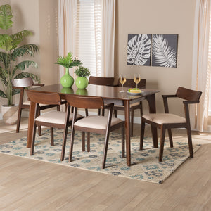 Baxton Studio Berenice Mid-Century Modern Transitional Cream Fabric And Dark Brown Finished Wood 7-Piece Dining Set