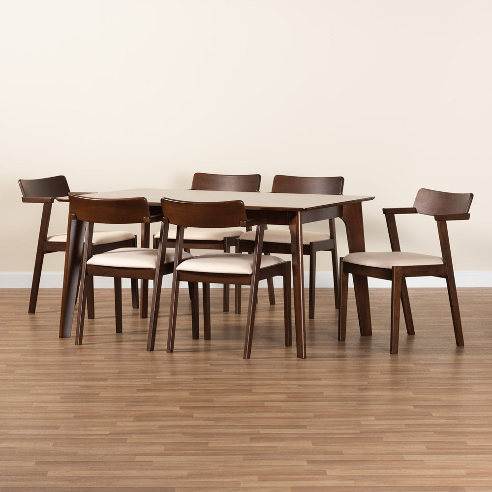 Baxton Studio Berenice Mid-Century Modern Transitional Cream Fabric And Dark Brown Finished Wood 7-Piece Dining Set