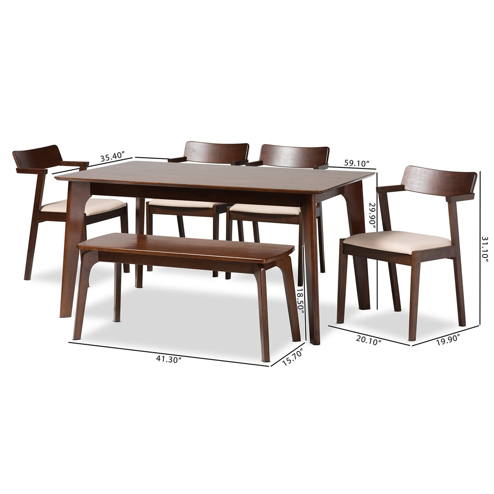 Baxton Studio Berenice Mid-Century Modern Transitional Cream Fabric And Dark Brown Finished Wood 6-Piece Dining Set