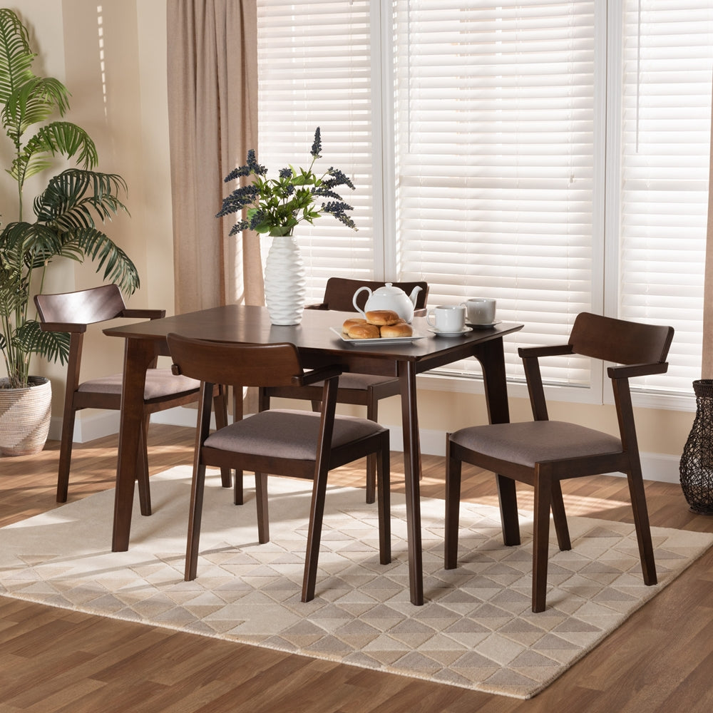 Baxton Studio Berenice Mid-Century Modern Transitional Warm Grey Fabric And Dark Brown Finished Wood 5-Piece Dining Set