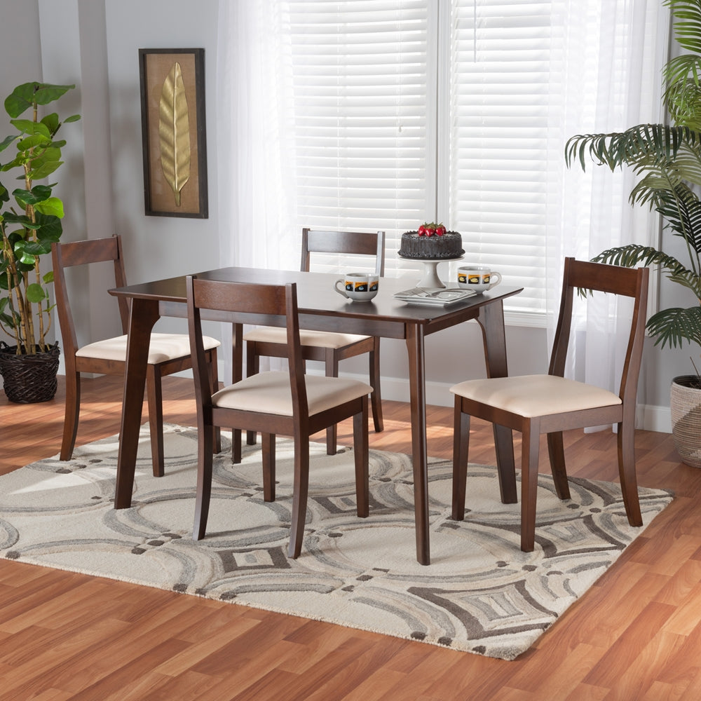 Baxton Studio Carola Mid-Century Modern Cream Fabric And Dark Brown Finished Wood 5-Piece Dining Set