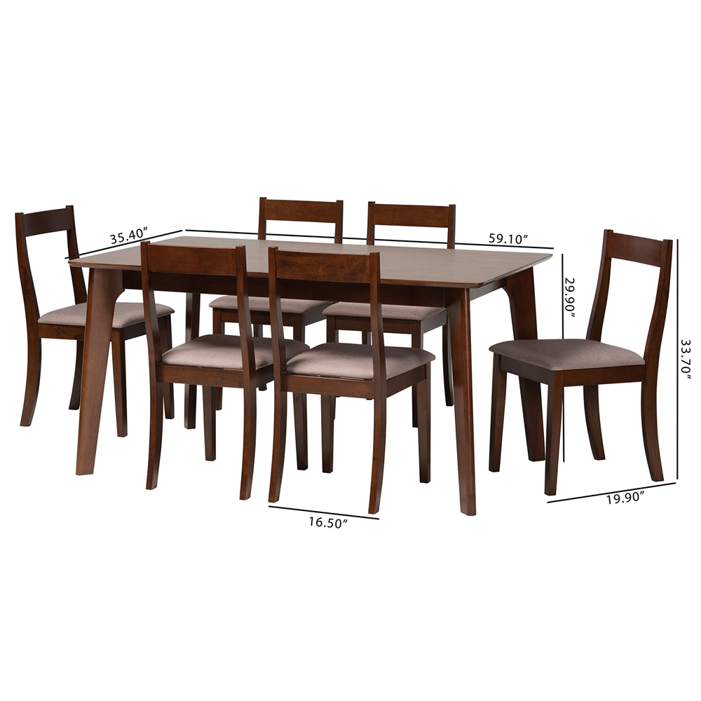 Baxton Studio Carola Mid-Century Modern Warm Grey Fabric And Dark Brown Finished Wood 7-Piece Dining Chair Set