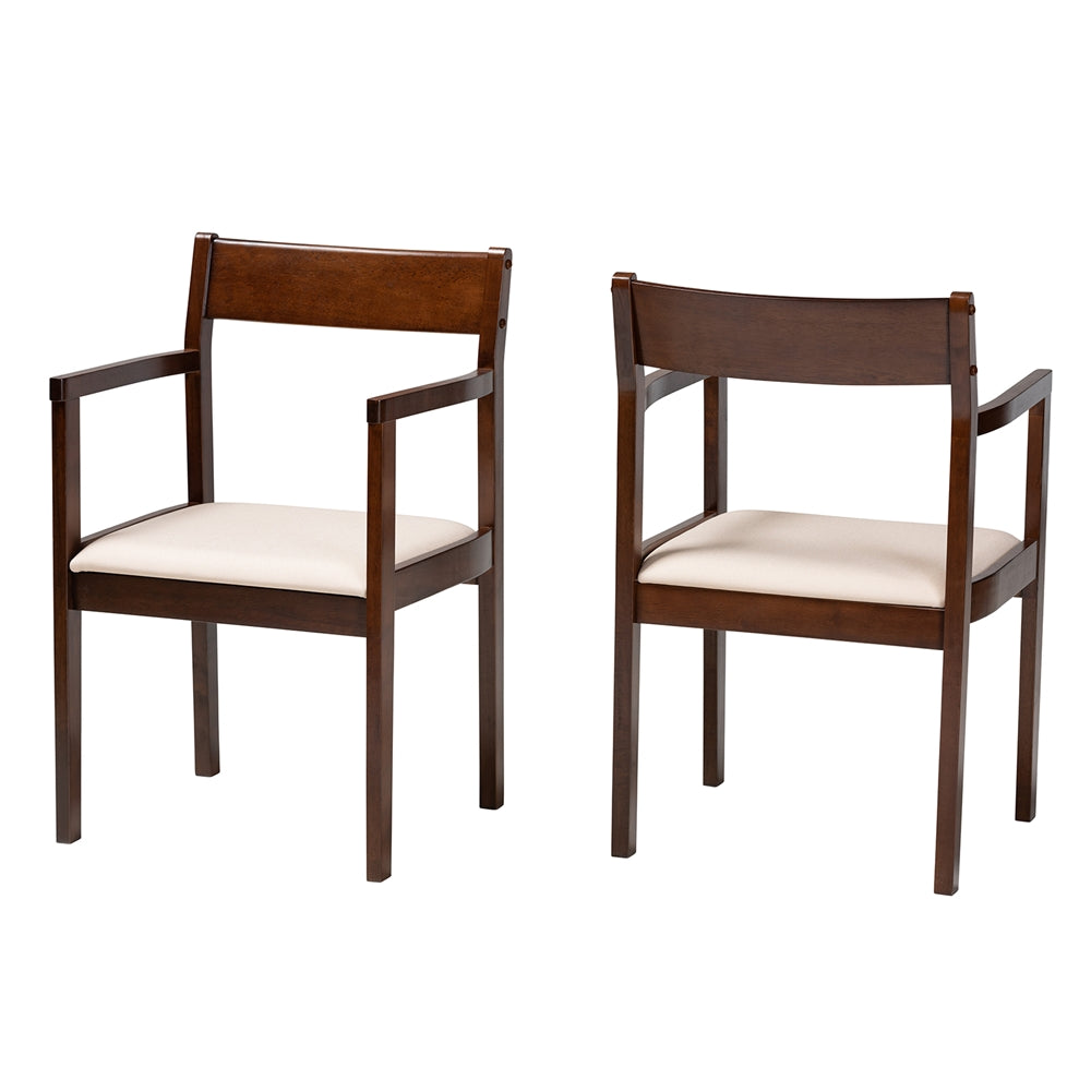 Baxton Studio Helene Mid-Century Modern Cream Fabric And Dark Brown Finished Wood 2-Piece Dining Chair Set