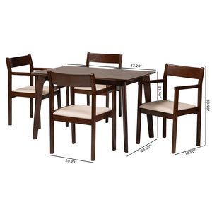 Baxton Studio Helene Mid-Century Modern Cream Fabric And Dark Brown Finished Wood 5-Piece Dining Set