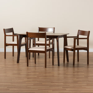 Baxton Studio Helene Mid-Century Modern Cream Fabric And Dark Brown Finished Wood 5-Piece Dining Set