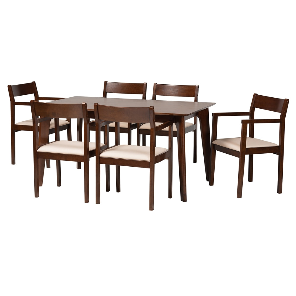 Baxton Studio Helene Mid-Century Modern Cream Fabric And Dark Brown Finished Wood 7-Piece Dining Set