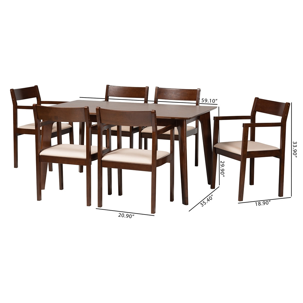 Baxton Studio Helene Mid-Century Modern Cream Fabric And Dark Brown Finished Wood 7-Piece Dining Set