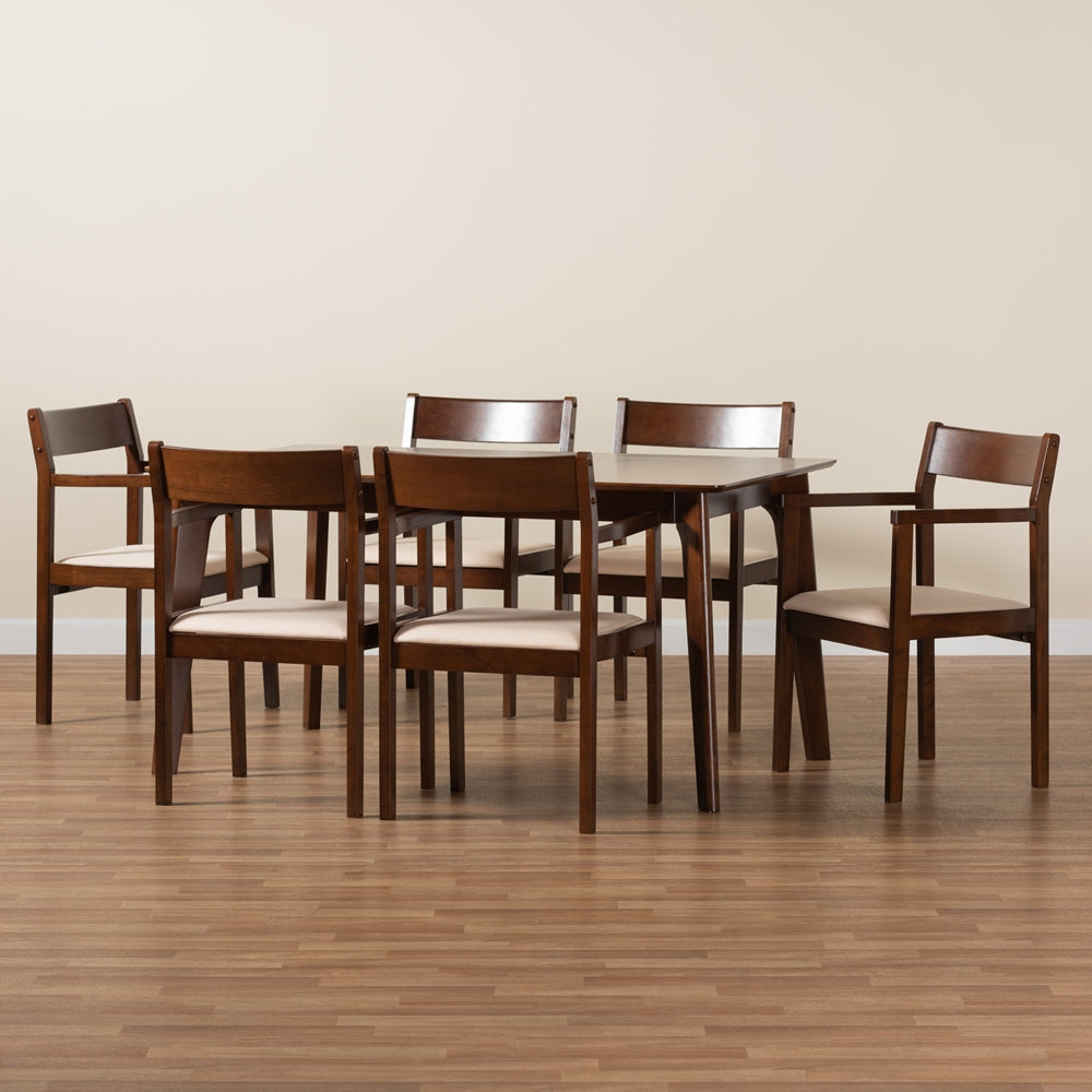 Baxton Studio Helene Mid-Century Modern Cream Fabric And Dark Brown Finished Wood 7-Piece Dining Set