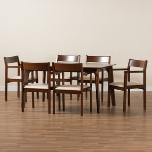 Baxton Studio Helene Mid-Century Modern Cream Fabric And Dark Brown Finished Wood 7-Piece Dining Set