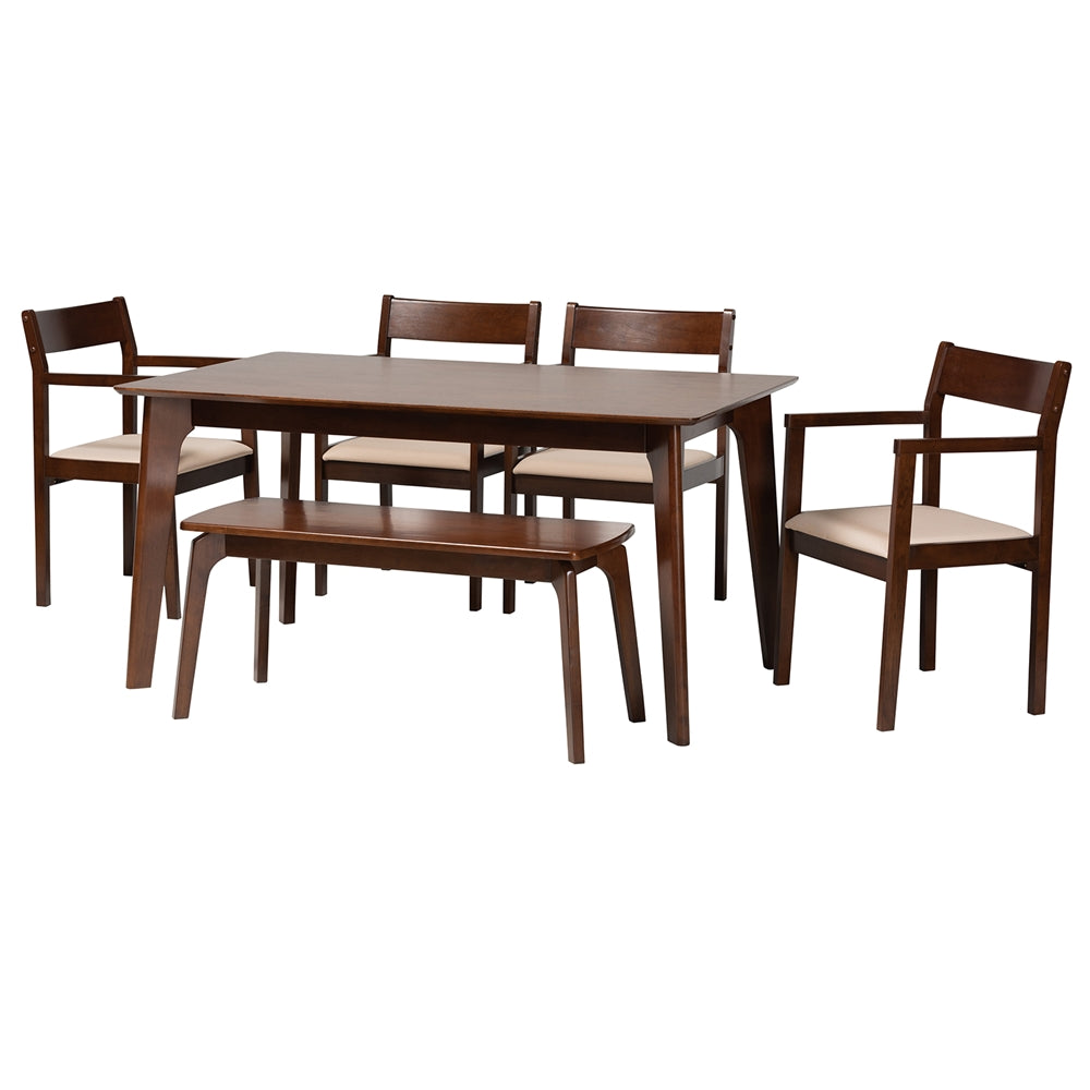 Baxton Studio Helene Mid-Century Modern Cream Fabric And Dark Brown Finished Wood 6-Piece Dining Set