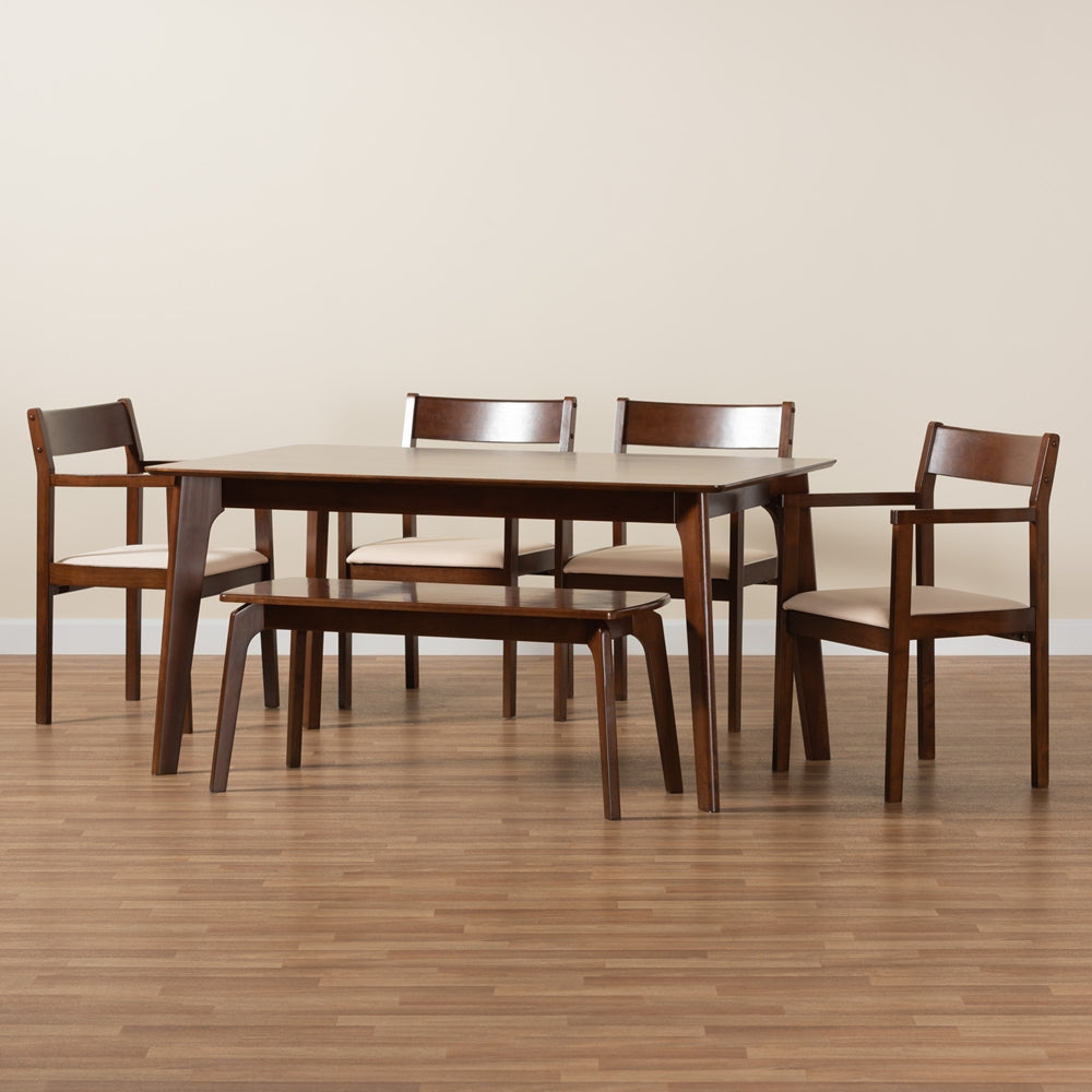 Baxton Studio Helene Mid-Century Modern Cream Fabric And Dark Brown Finished Wood 6-Piece Dining Set