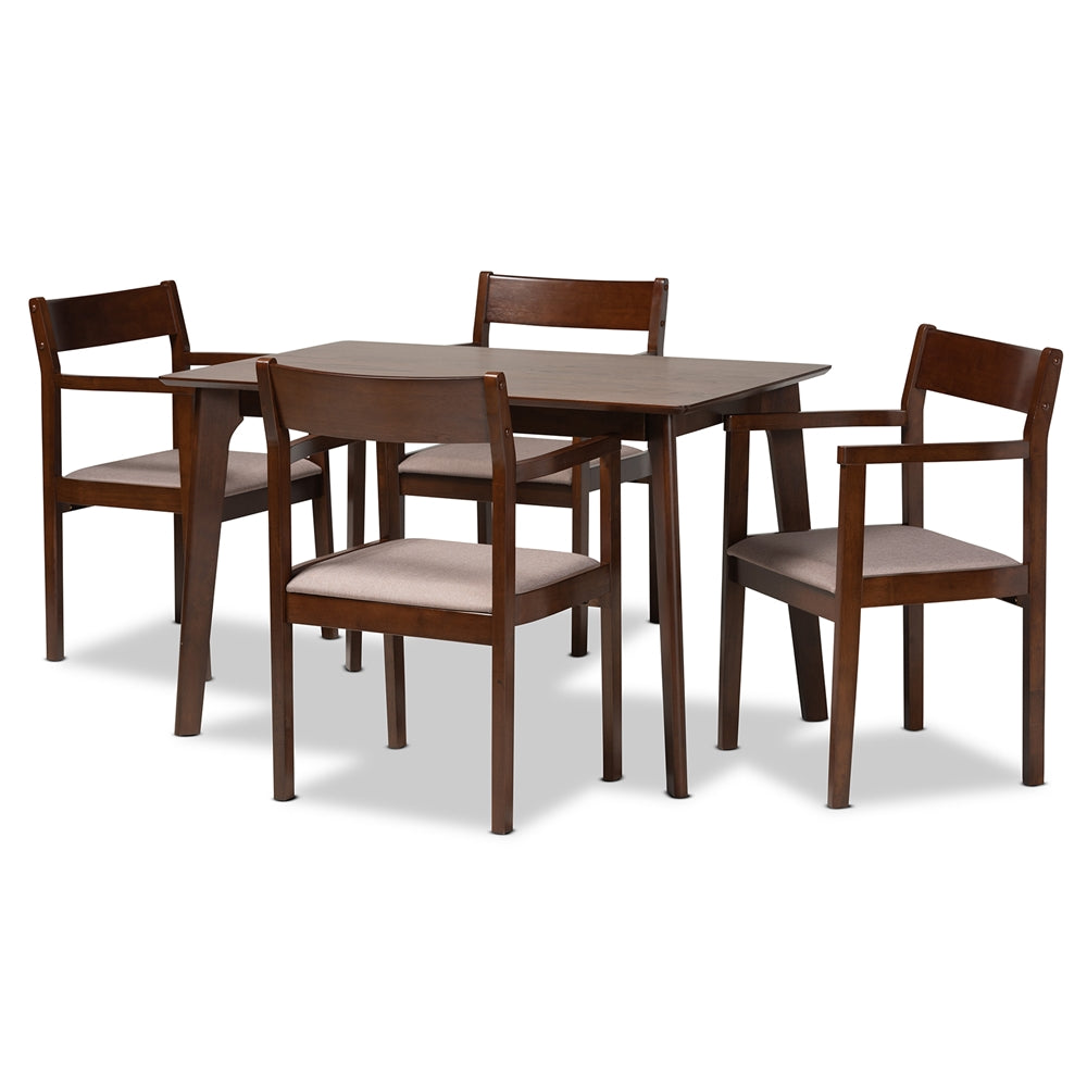 Baxton Studio Helene Mid-Century Modern Warm Grey Fabric And Dark Brown Finished Wood 5-Piece Dining Set