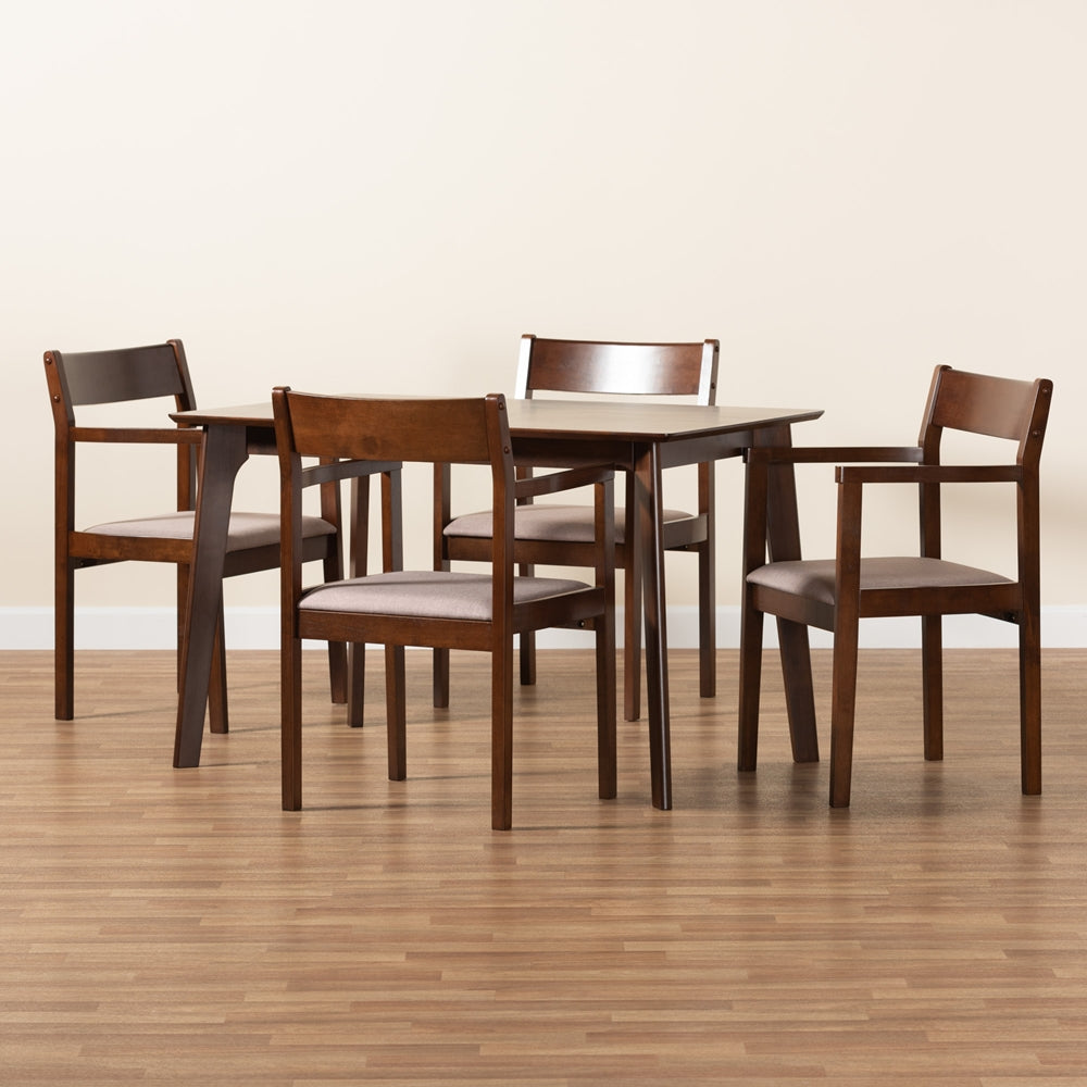 Baxton Studio Helene Mid-Century Modern Warm Grey Fabric And Dark Brown Finished Wood 5-Piece Dining Set