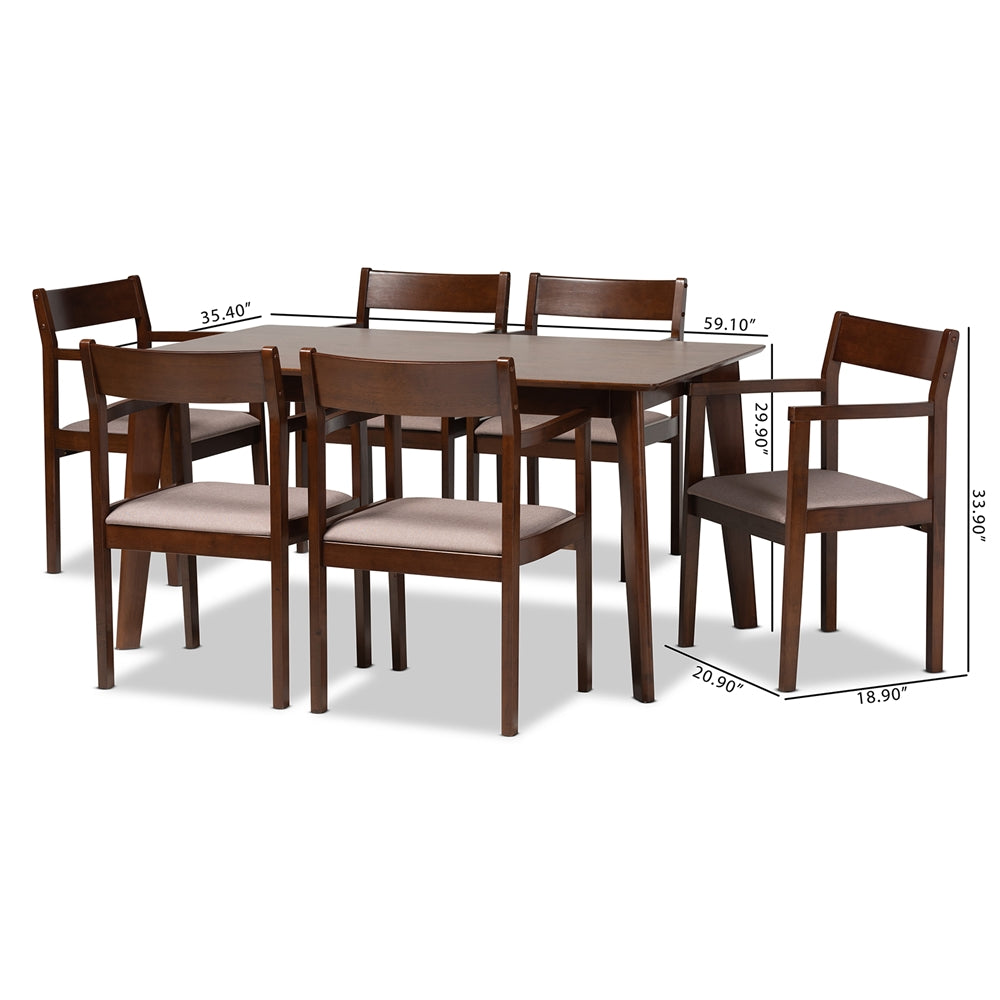 Baxton Studio Helene Mid-Century Modern Warm Grey Fabric And Dark Brown Finished Wood 7-Piece Dining Set