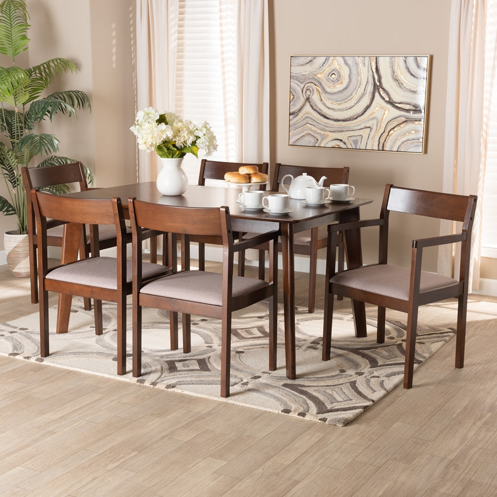 Baxton Studio Helene Mid-Century Modern Warm Grey Fabric And Dark Brown Finished Wood 7-Piece Dining Set