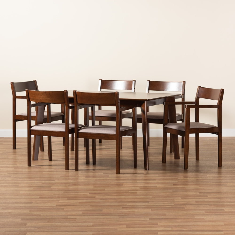 Baxton Studio Helene Mid-Century Modern Warm Grey Fabric And Dark Brown Finished Wood 7-Piece Dining Set