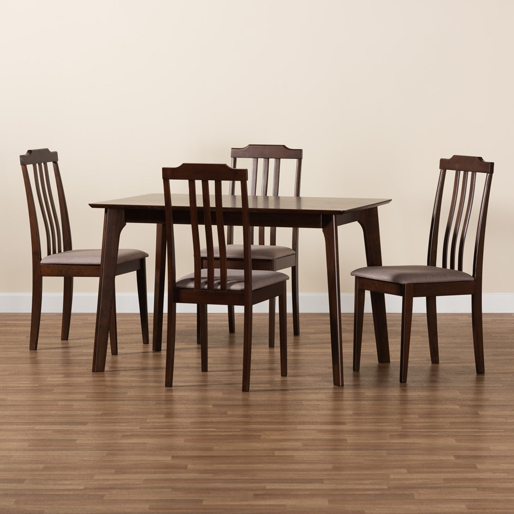 Baxton Studio Clarissa Mid-Century Modern Warm Grey Fabric And Dark Brown Finished Wood 5-Piece Dining Set