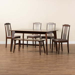 Baxton Studio Clarissa Mid-Century Modern Warm Grey Fabric And Dark Brown Finished Wood 6-Piece Dining Set