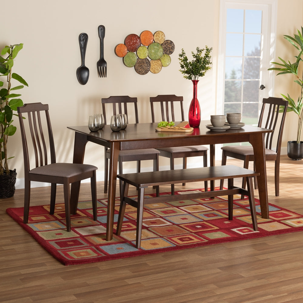 Baxton Studio Clarissa Mid-Century Modern Warm Grey Fabric And Dark Brown Finished Wood 6-Piece Dining Set