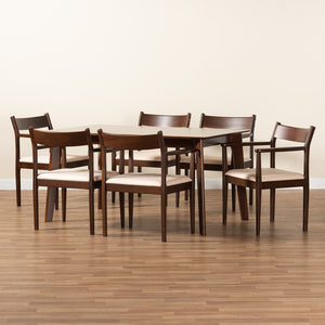 Baxton Studio Coretta Mid-Century Modern Cream Fabric And Dark Brown Finished Wood 7-Piece Dining Set