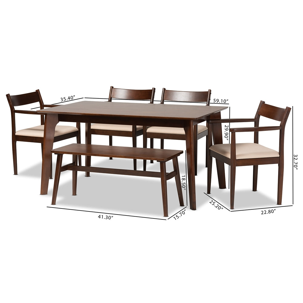 Baxton Studio Coretta Mid-Century Modern Cream Fabric And Dark Brown Finished Wood 6-Piece Dining Set