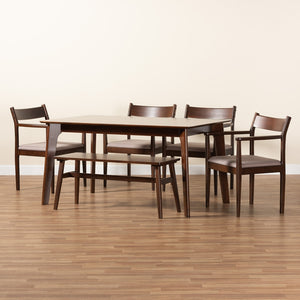 Baxton Studio Coretta Mid-Century Modern Warm Grey Fabric And Dark Brown Finished Wood 6-Piece Dining Set