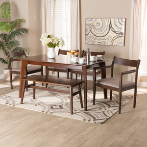 Baxton Studio Coretta Mid-Century Modern Warm Grey Fabric And Dark Brown Finished Wood 6-Piece Dining Set