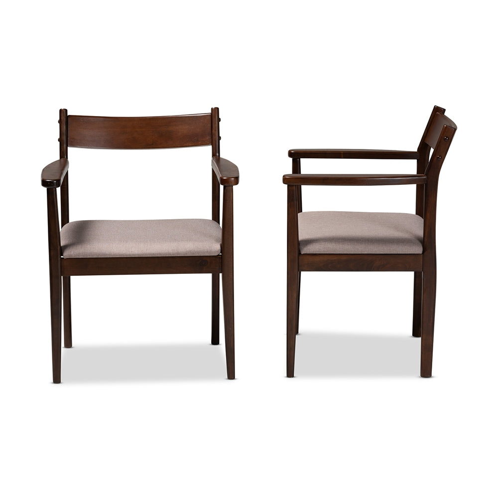 Baxton Studio Coretta Mid-Century Modern Warm Grey Fabric And Dark Brown Finished Wood 2-Piece Dining Chair Set