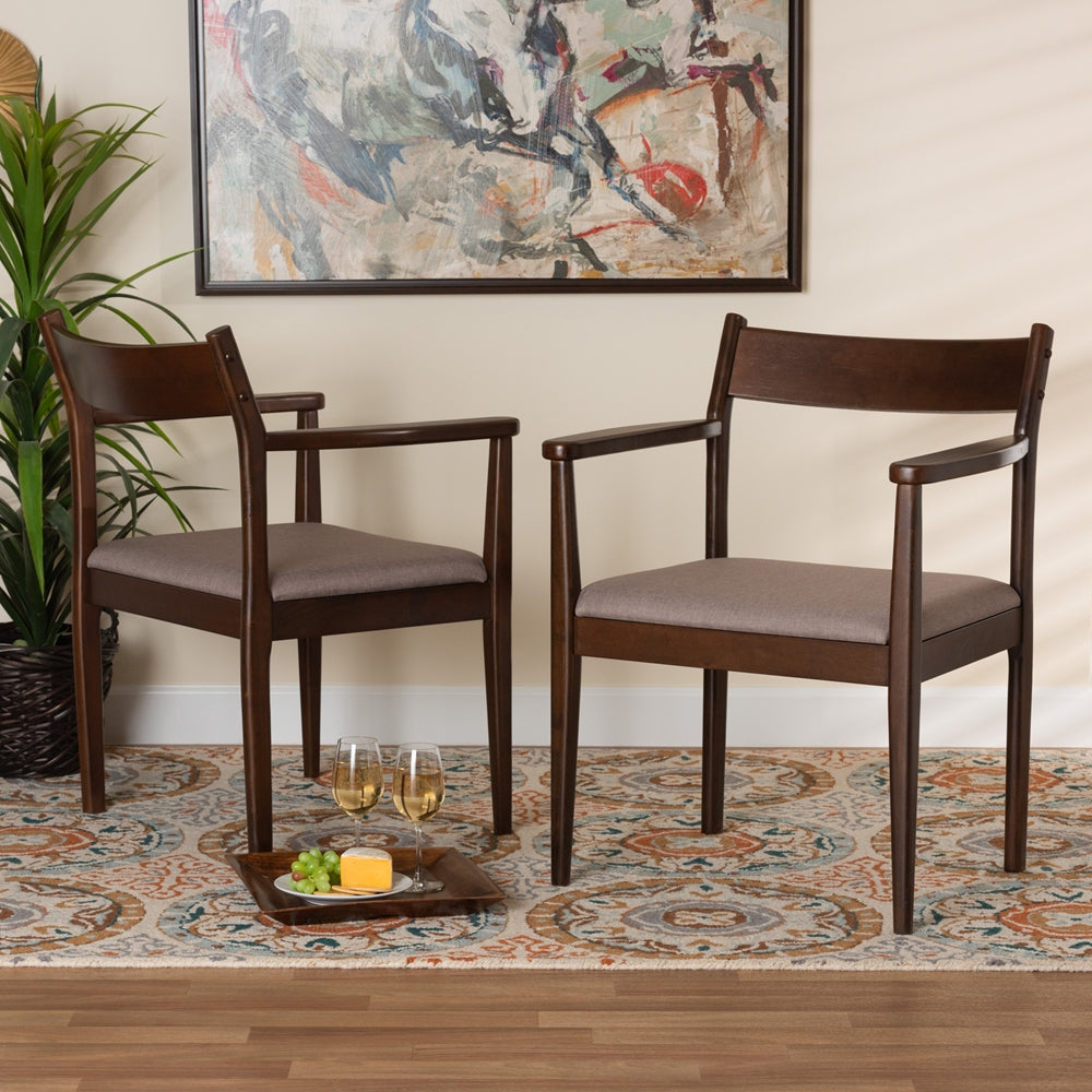 Baxton Studio Coretta Mid-Century Modern Warm Grey Fabric And Dark Brown Finished Wood 2-Piece Dining Chair Set