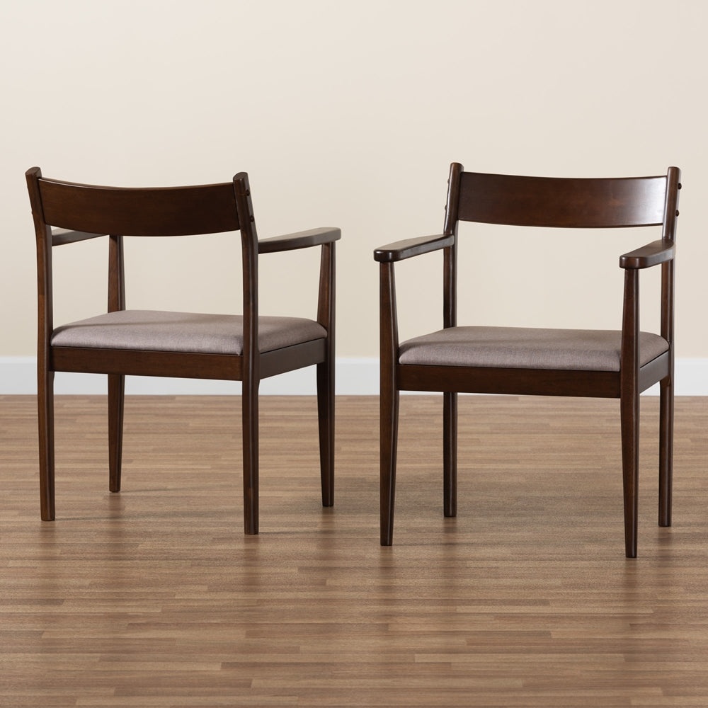 Baxton Studio Coretta Mid-Century Modern Warm Grey Fabric And Dark Brown Finished Wood 2-Piece Dining Chair Set